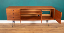 Load image into Gallery viewer, Long Retro Teak 1960s Avalon Mid Century Sideboard On Hairpin Legs