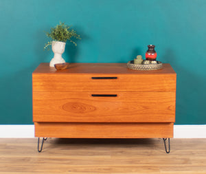 Retro Teak 1960s Bedside Chest Of Drawers On Hairpin Legs, Lamp Table.