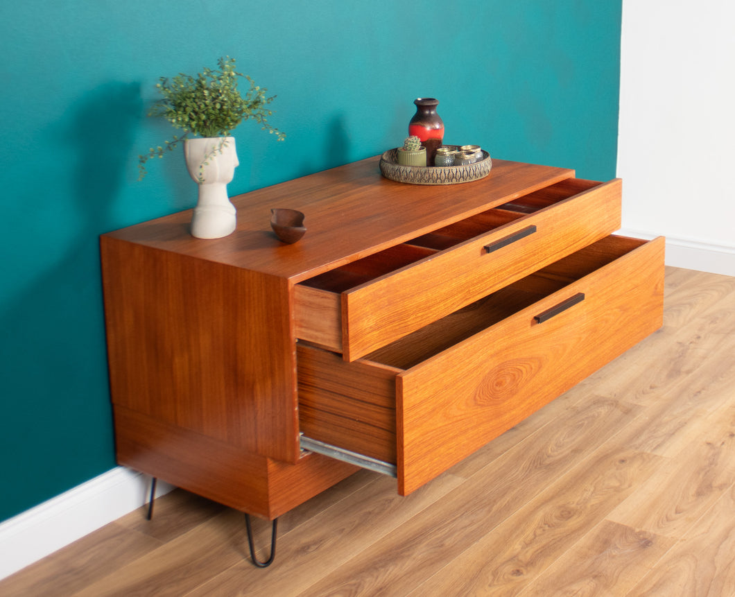 Retro Teak 1960s Bedside Chest Of Drawers On Hairpin Legs, Lamp Table.