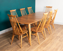 Load image into Gallery viewer, Retro Blonde Elm Model 444 Grand Plank Dining Table &amp; 8 Goldsmith Dining Chairs