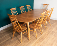 Load image into Gallery viewer, Retro Blonde Elm Model 444 Grand Plank Dining Table &amp; 8 Goldsmith Dining Chairs