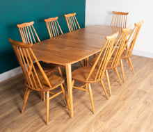 Load image into Gallery viewer, Retro Blonde Elm Model 444 Grand Plank Dining Table &amp; 8 Goldsmith Dining Chairs