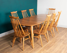 Load image into Gallery viewer, Retro Blonde Elm Model 444 Grand Plank Dining Table &amp; 8 Goldsmith Dining Chairs