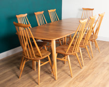 Load image into Gallery viewer, Retro Blonde Elm Model 444 Grand Plank Dining Table &amp; 8 Goldsmith Dining Chairs