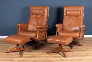 Pair Of Vintage Ercol 'Gina' Recliner Leather Arm Chairs With Footstools