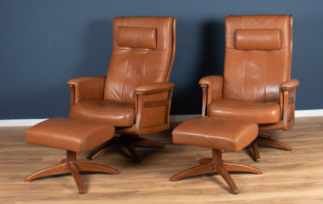 Pair Of Vintage Ercol 'Gina' Recliner Leather Arm Chairs With Footstools